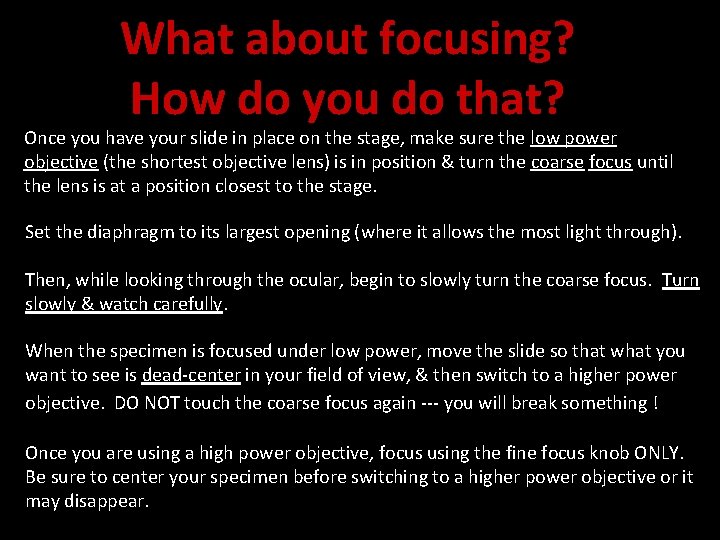 What about focusing? How do you do that? Once you have your slide in