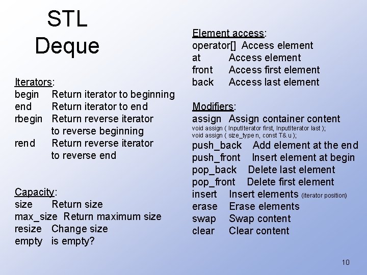 STL Deque Iterators: begin Return iterator to beginning end Return iterator to end rbegin