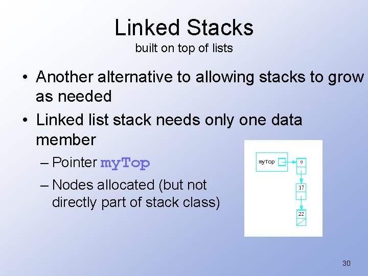 Linked Stacks built on top of lists • Another alternative to allowing stacks to