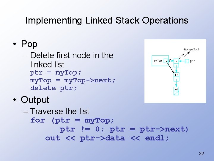 Implementing Linked Stack Operations • Pop – Delete first node in the linked list