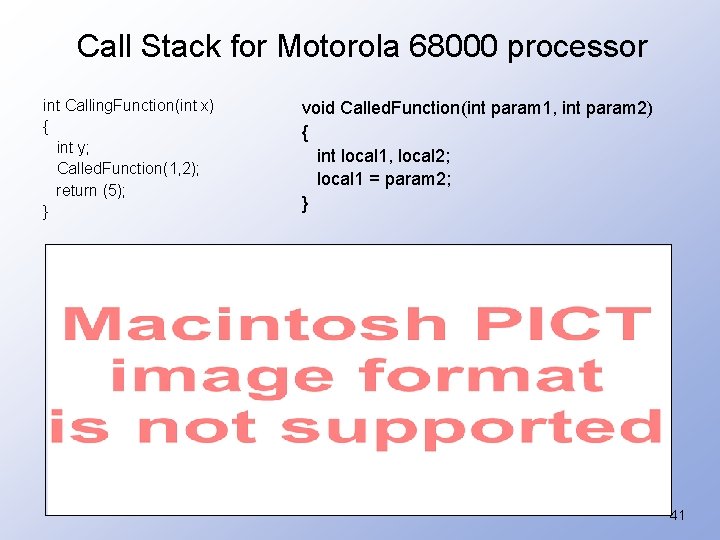 Call Stack for Motorola 68000 processor int Calling. Function(int x) { int y; Called.