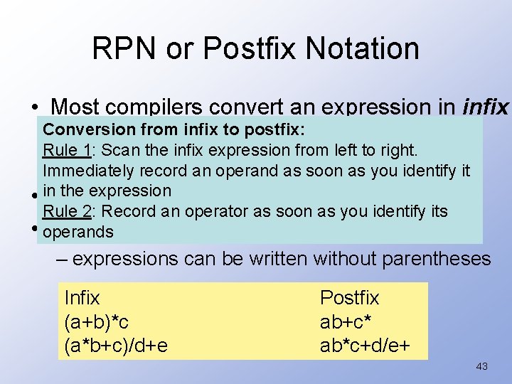 RPN or Postfix Notation • Most compilers convert an expression in infix Conversion from