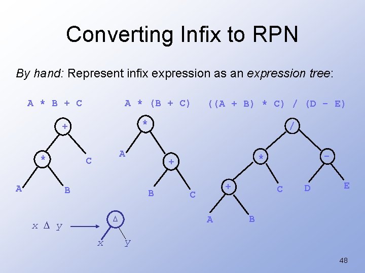 Converting Infix to RPN By hand: Represent infix expression as an expression tree: A