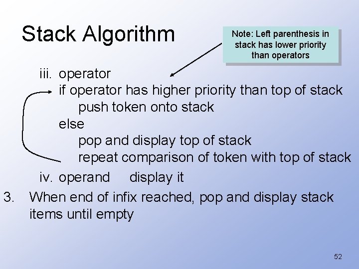 Stack Algorithm Note: Left parenthesis in stack has lower priority than operators iii. operator