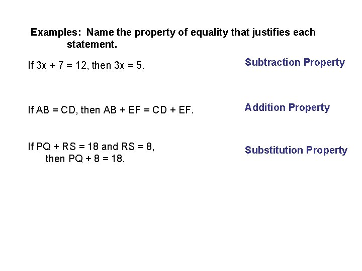 Examples: Name the property of equality that justifies each statement. If 3 x +