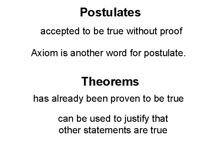 Postulates accepted to be true without proof Axiom is another word for postulate. Theorems