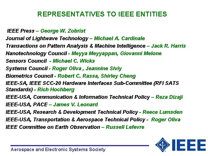 REPRESENTATIVES TO IEEE ENTITIES IEEE Press – George W. Zobrist Journal of Lightwave Technology