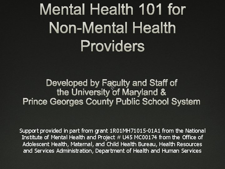 Mental Health 101 for Non-Mental Health Providers Developed by Faculty and Staff of the