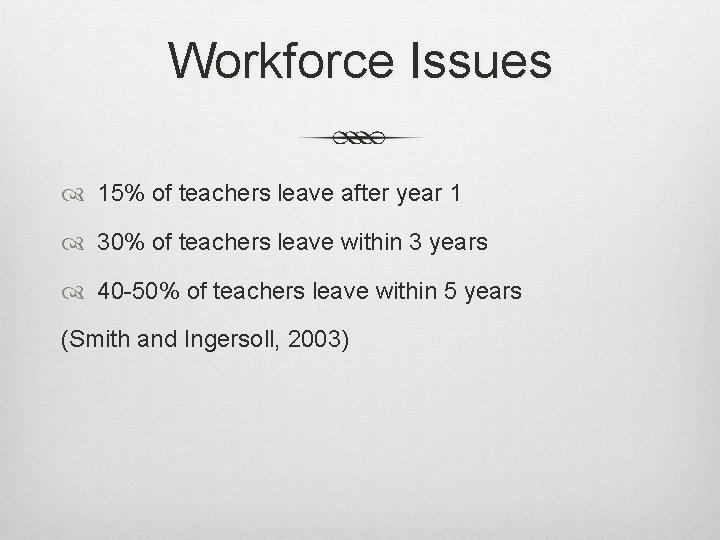 Workforce Issues 15% of teachers leave after year 1 30% of teachers leave within