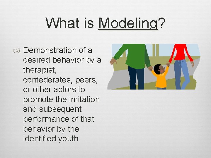 What is Modeling? Demonstration of a desired behavior by a therapist, confederates, peers, or