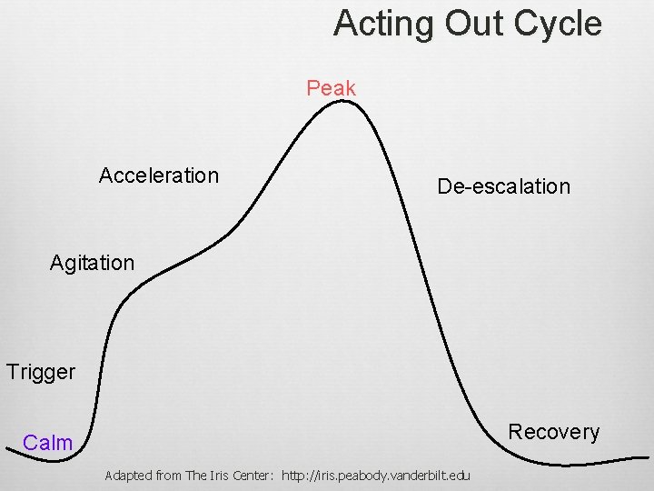 Acting Out Cycle Peak Acceleration De-escalation Agitation Trigger Recovery Calm Adapted from The Iris