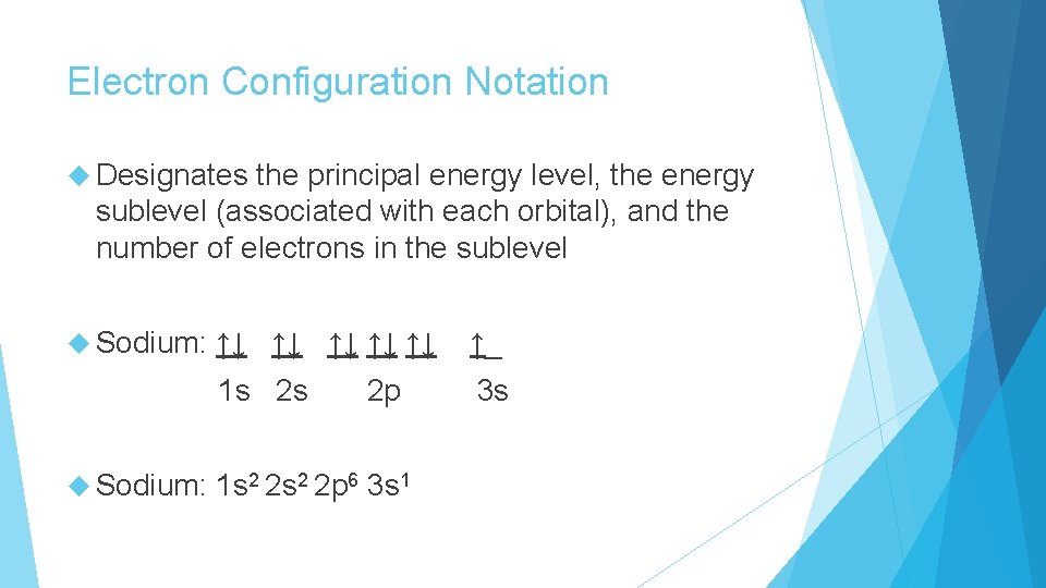 Electron Configuration Notation Designates the principal energy level, the energy sublevel (associated with each