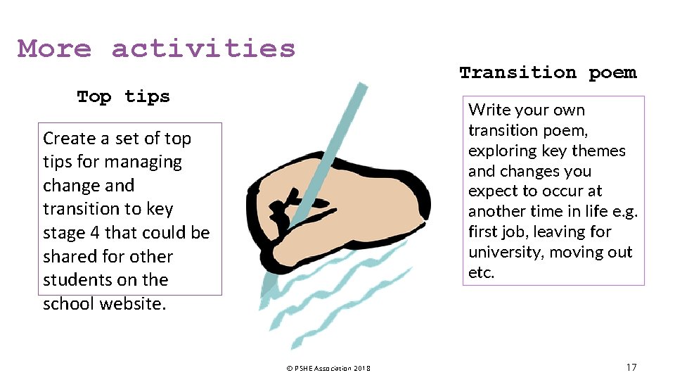 More activities Top tips Transition poem Write your own transition poem, exploring key themes