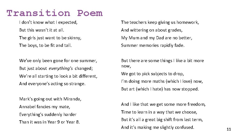 Transition Poem I don't know what I expected, The teachers keep giving us homework,