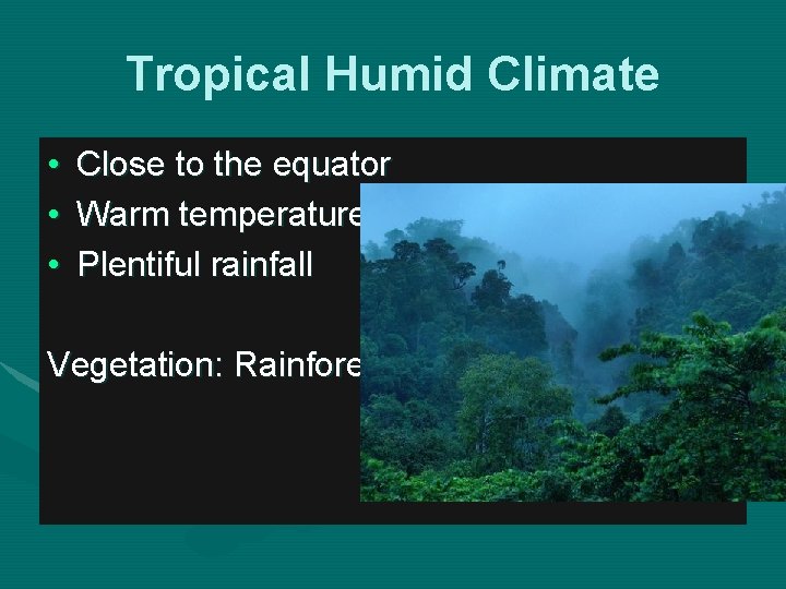 Tropical Humid Climate • • • Close to the equator Warm temperatures Plentiful rainfall
