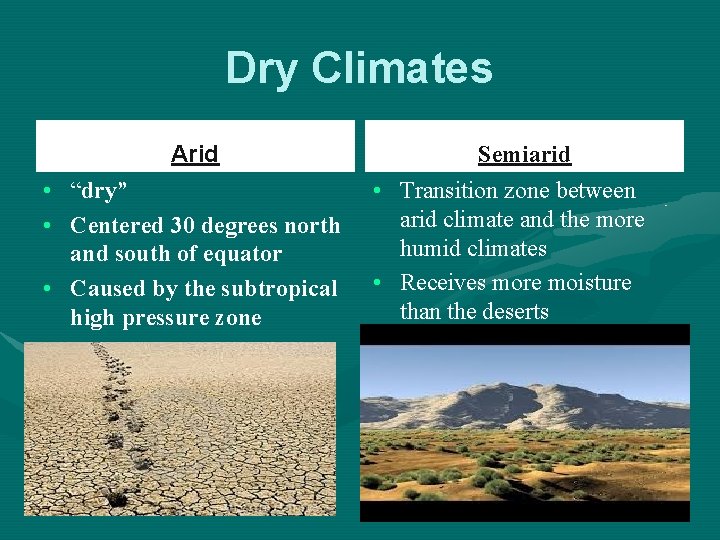 Dry Climates Arid • “dry” • Centered 30 degrees north and south of equator