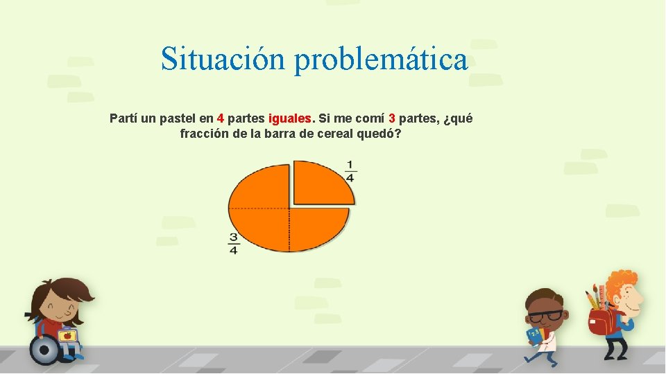 Situación problemática Partí un pastel en 4 partes iguales. Si me comí 3 partes,