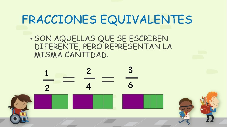 FRACCIONES EQUIVALENTES • SON AQUELLAS QUE SE ESCRIBEN DIFERENTE, PERO REPRESENTAN LA MISMA CANTIDAD.