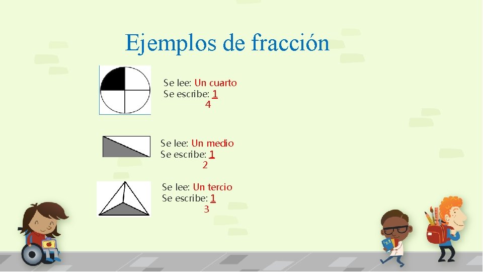 Ejemplos de fracción Se lee: Un cuarto Se escribe: 1 4 Se lee: Un