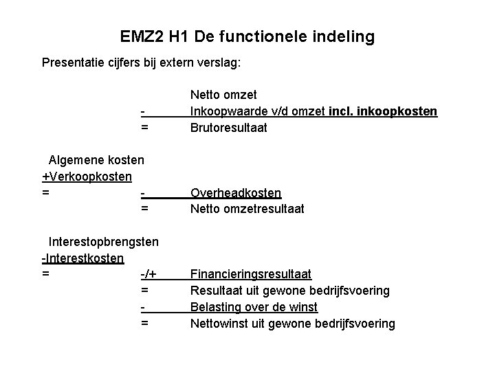 EMZ 2 H 1 De functionele indeling Presentatie cijfers bij extern verslag: = Netto