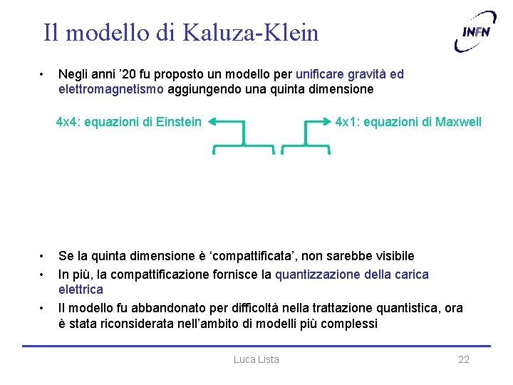 Il modello di Kaluza-Klein • Negli anni ’ 20 fu proposto un modello per