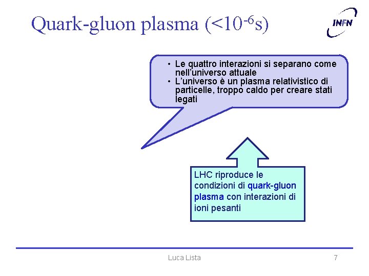 Quark-gluon plasma (<10 -6 s) • Le quattro interazioni si separano come nell’universo attuale