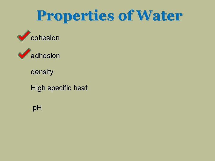 Properties of Water cohesion adhesion density High specific heat p. H 
