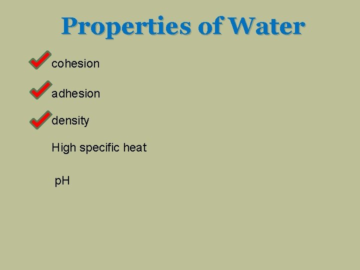 Properties of Water cohesion adhesion density High specific heat p. H 