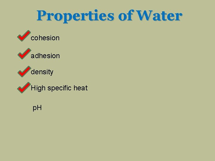 Properties of Water cohesion adhesion density High specific heat p. H 