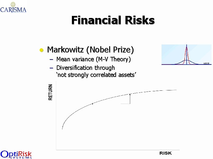  Financial Risks l Markowitz (Nobel Prize) – Mean variance (M-V Theory) – Diversification