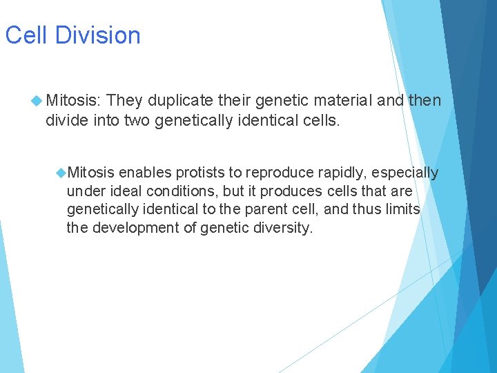 Cell Division Mitosis: They duplicate their genetic material and then divide into two genetically