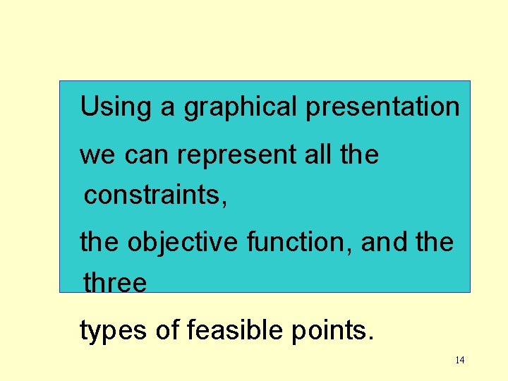 Using a graphical presentation we can represent all the constraints, the objective function, and