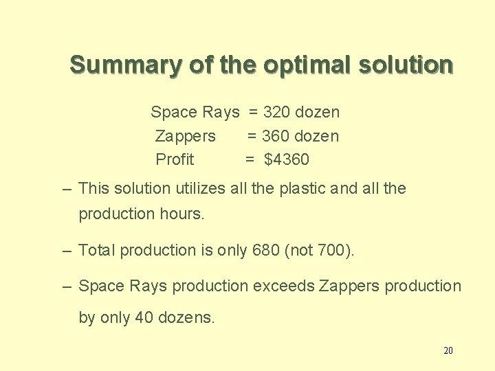 Summary of the optimal solution Space Rays = 320 dozen Zappers = 360 dozen
