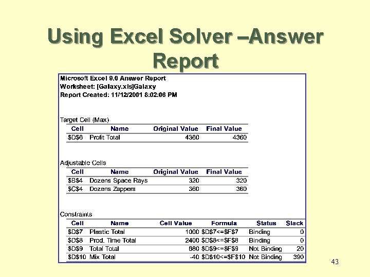 Using Excel Solver –Answer Report 43 