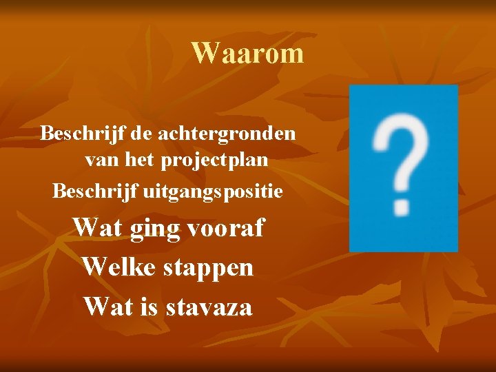 Waarom Beschrijf de achtergronden van het projectplan Beschrijf uitgangspositie Wat ging vooraf Welke stappen