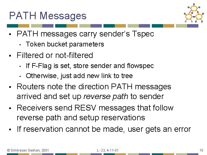 PATH Messages • PATH messages carry sender’s Tspec • • Token bucket parameters Filtered