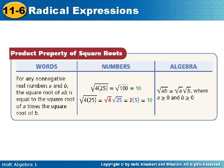 11 -6 Radical Expressions Holt Algebra 1 