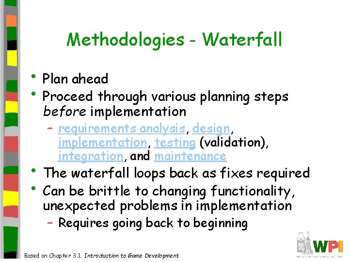 Methodologies - Waterfall • Plan ahead • Proceed through various planning steps before implementation Methodologies - Waterfall • Plan ahead • Proceed through various planning steps before implementation