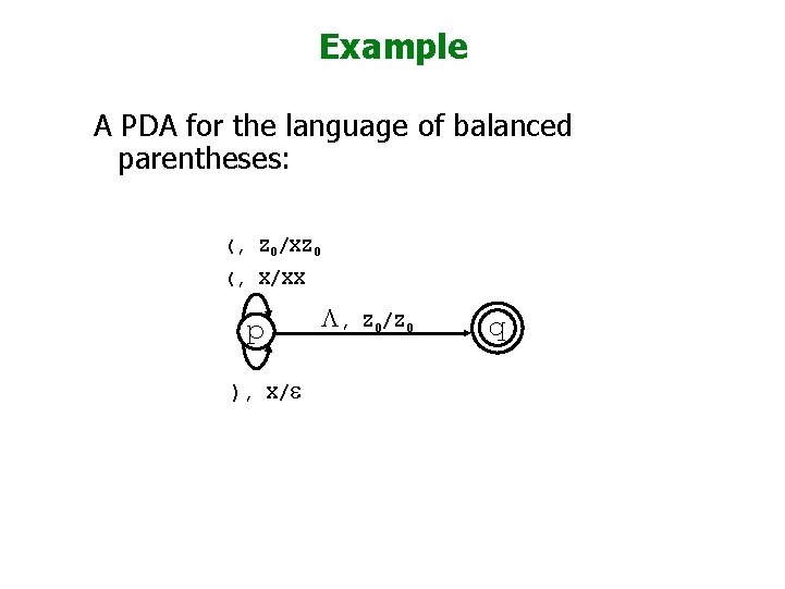 Example A PDA for the language of balanced parentheses: (, Z 0/XZ 0 (,