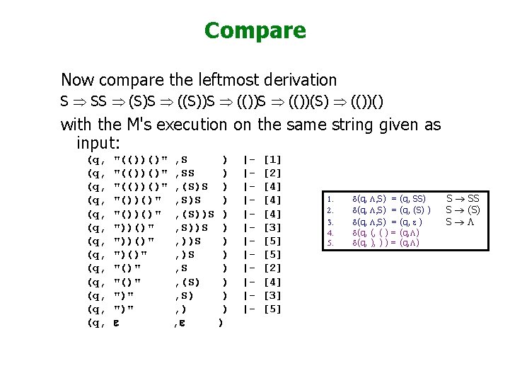 Compare Now compare the leftmost derivation S Þ SS Þ (S)S Þ ((S))S Þ