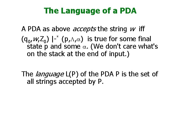 The Language of a PDA A PDA as above accepts the string w iff