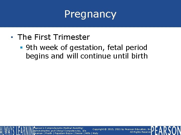 Pregnancy • The First Trimester § 9 th week of gestation, fetal period begins Pregnancy • The First Trimester § 9 th week of gestation, fetal period begins