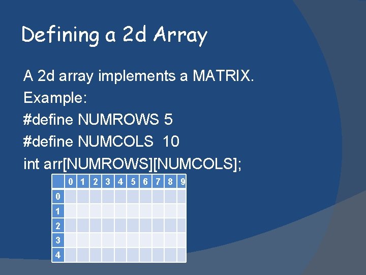Defining a 2 d Array A 2 d array implements a MATRIX. Example: #define