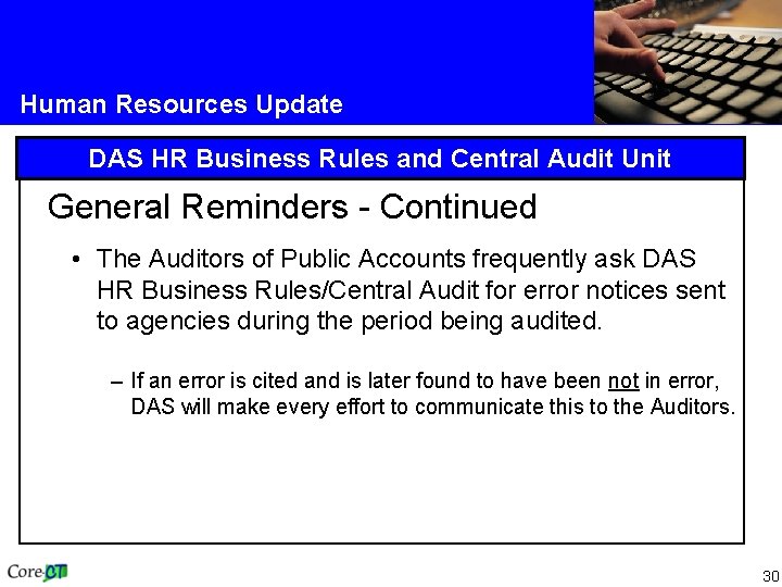 Human Resources Update DAS HR Business Rules and Central Audit Unit General Reminders -