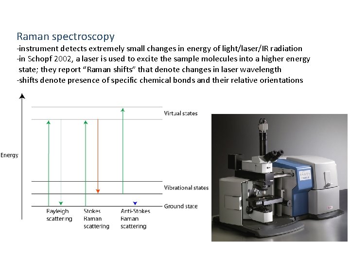 Raman spectroscopy -instrument detects extremely small changes in energy of light/laser/IR radiation -in Schopf