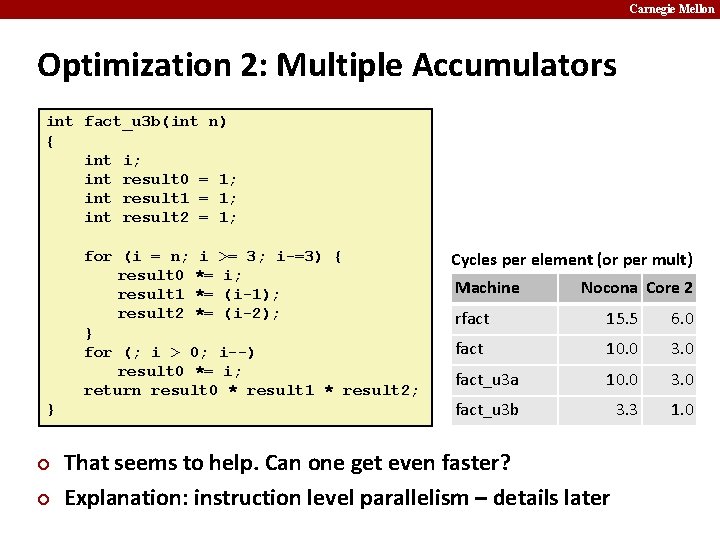 Carnegie Mellon Optimization 2: Multiple Accumulators int fact_u 3 b(int n) { int i;
