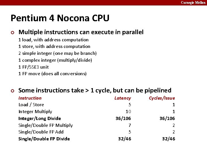 Carnegie Mellon Pentium 4 Nocona CPU ¢ Multiple instructions can execute in parallel 1