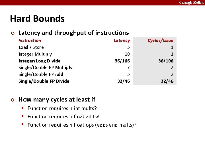 Carnegie Mellon Hard Bounds ¢ Latency and throughput of instructions Instruction Load / Store