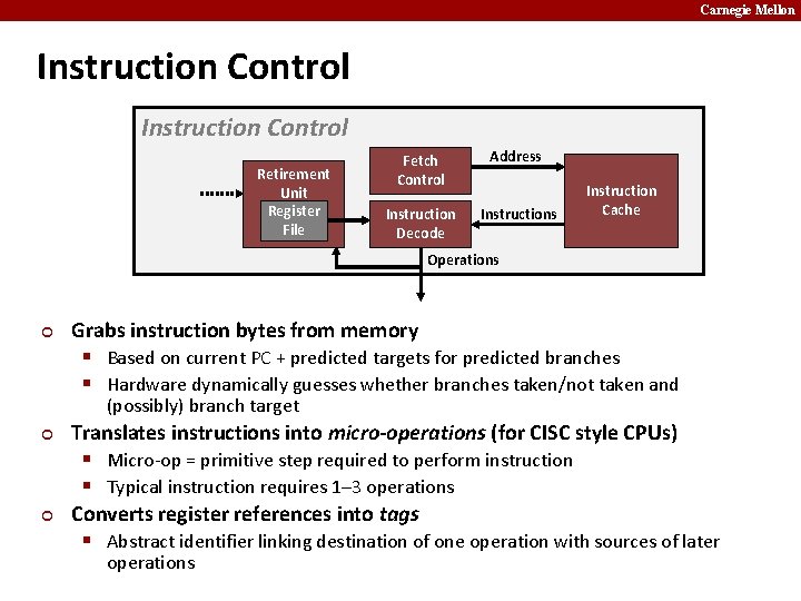 Carnegie Mellon Instruction Control Retirement Unit Register File Fetch Control Address Instruction Decode Instructions