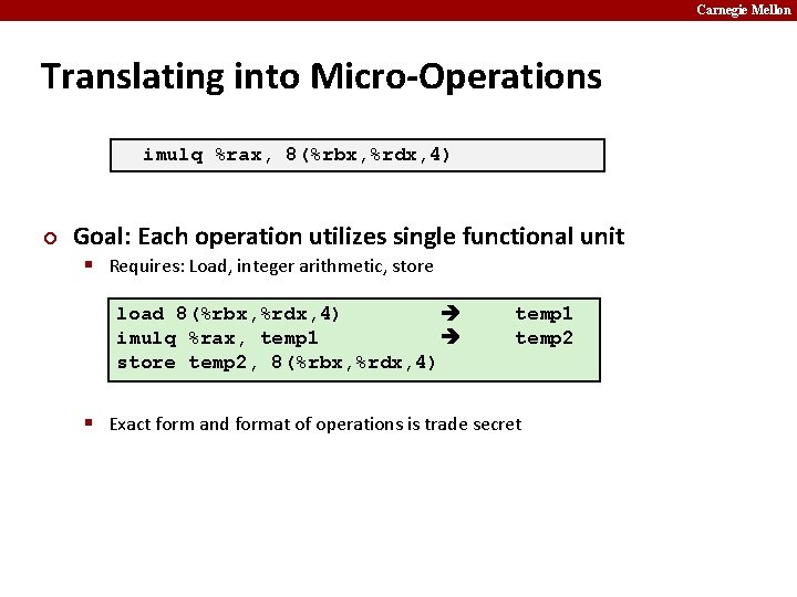 Carnegie Mellon Translating into Micro-Operations imulq %rax, 8(%rbx, %rdx, 4) ¢ Goal: Each operation